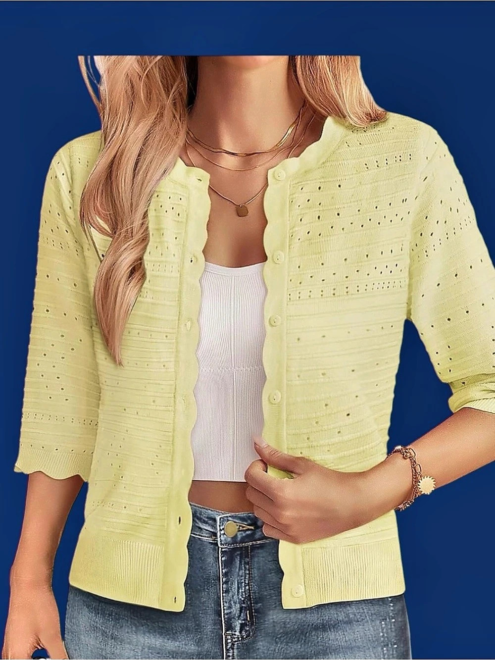 Grace Karin Scallop button down Knit Cardigan Yellow Large. Like new! EUC!